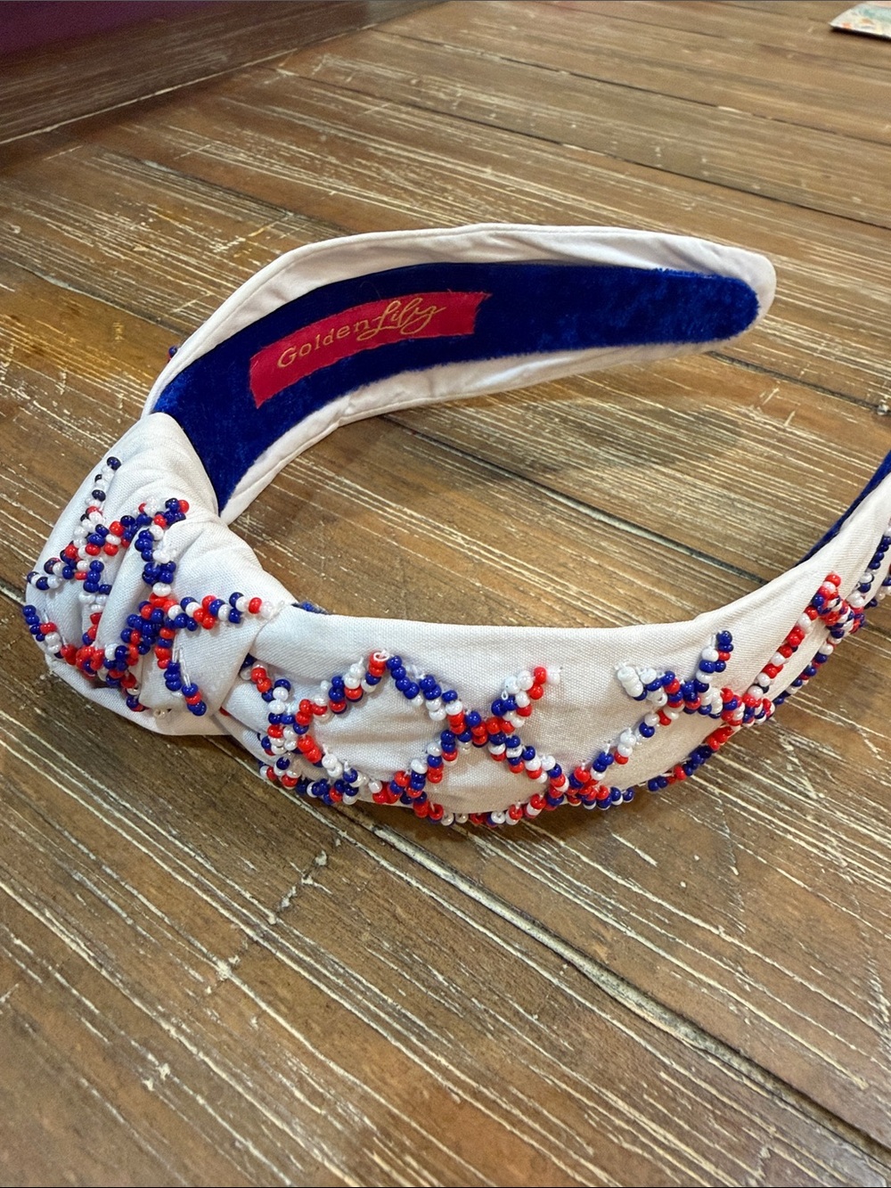White Knotted Beaded Headband with Red & Blue Accents